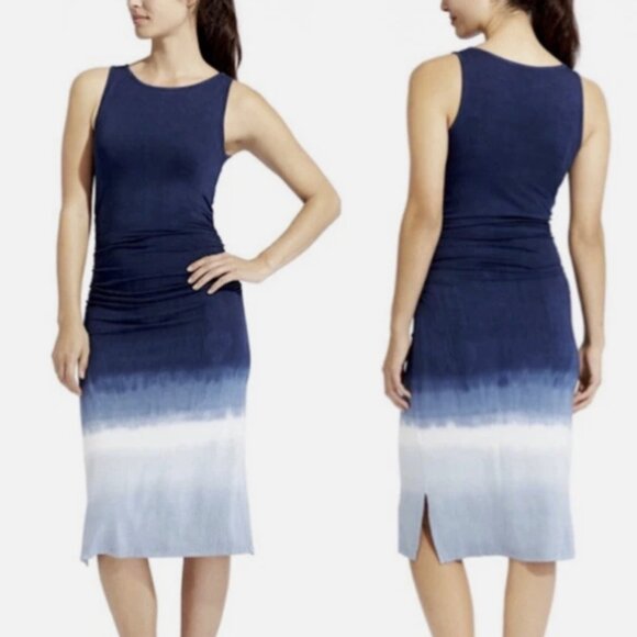 Athleta Ombre Maxi Dress Blue White Gradient Tie-Dye Sleeveless Ruched Hem Med - Picture 1 of 8